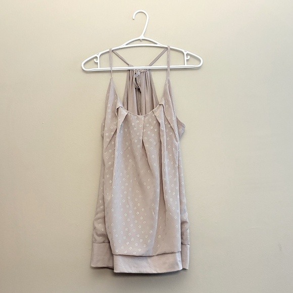 Maurices Taupe Ruched Tank Top with Flowy Layer & Gold Design - Picture 1 of 12